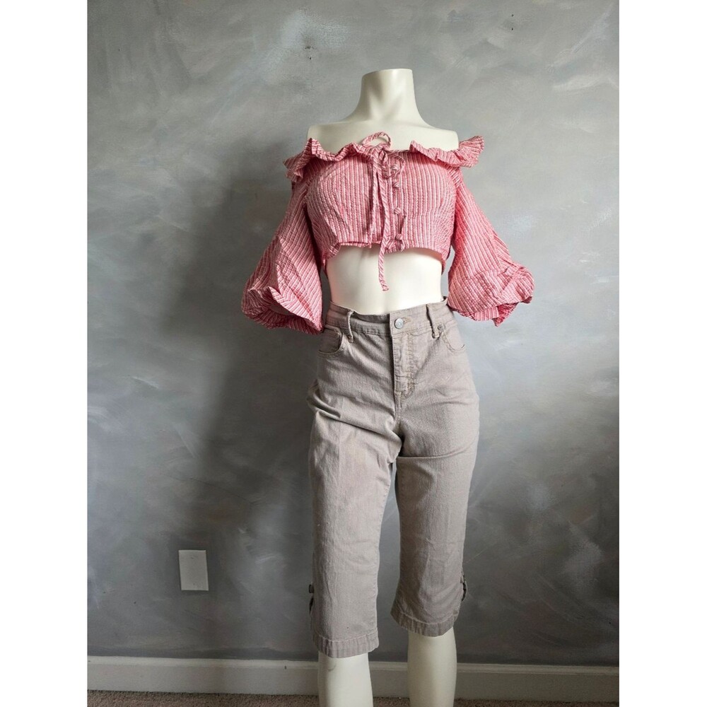 Zara Red White Striped Ruffle Crop Top Ruffled Off Shoulder Balloon Sleeve M